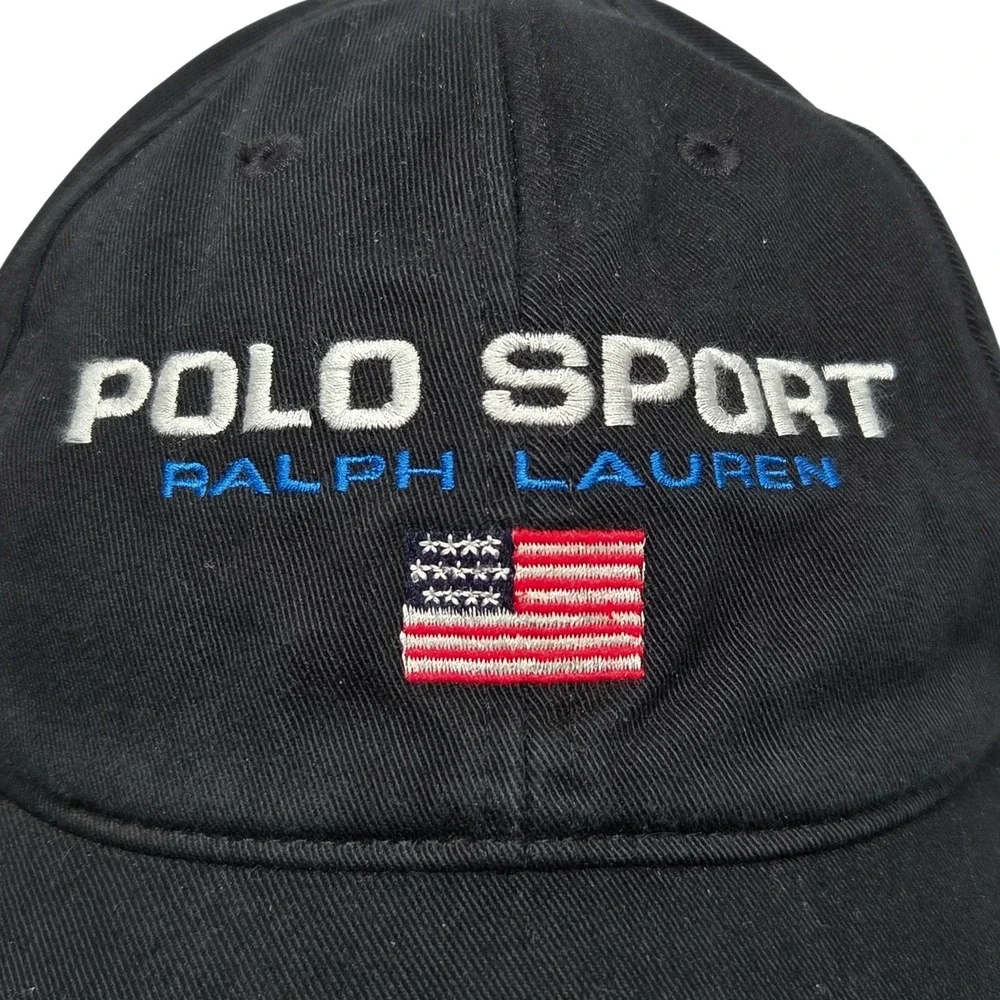 Vintage 90's Polo Sport Ralph Lauren Hat Mens Black Embroidered Flag Strapback